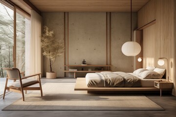 Interior design concept Japandi. A modern bedroom made of wood in pastel beige tones.