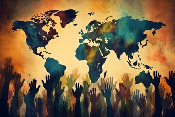 Hands, Examine the challenges and advantages of cultural diversity in the context of human rights, world map background