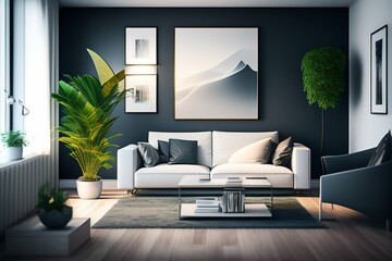 Wide-angle, detailed shot: IKEA-inspired minimalist living room with light bloom, cinematic ambiance. Cozy setting with plants, large art canvas, hardwood flooring, white walls, and rich textiles. - obrazy, fototapety, plakaty