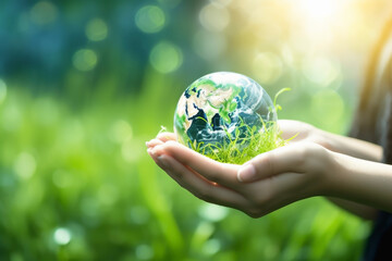 Close up of woman hand holding planet earth in background of green forest. Conservation concept of...