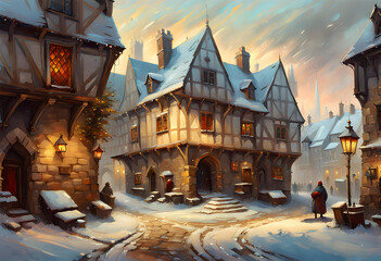 snow covered old fashioned english town in winter at twilight with ancient houses illuminated by lamps at twilight - obrazy, fototapety, plakaty