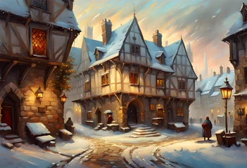 Foto op Canvas snow covered old fashioned english town in winter at twilight with ancient houses illuminated by lamps at twilight © Philip J Openshaw 