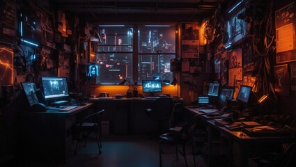 
photo of a dark room with lots of posters on the wall with orange LED accents and lots of equipment, made by AI generative