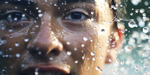 Close-up of a swimmer's face emerging from the water.