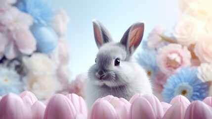 colourful flowers and bunny on pastel background. easter background