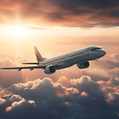 Fototapeta na wymiar Passenger airplane flying above the clouds at sunset. 3d render