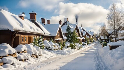 countryside with wooden houses in beautiful winter, made by AI generative