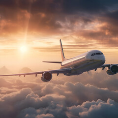 Fototapeta na wymiar Airplane flying above clouds at sunset. Travel concept. 3D Rendering