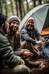 A group of happy friends sitting and camping with tents, having fun, campfire, in the forest woodlands