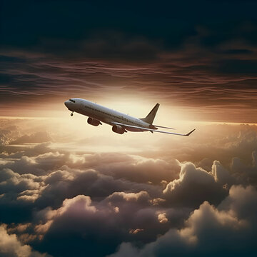 Airplane in the clouds at sunset. 3d render illustration.