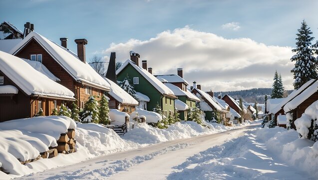 countryside with wooden houses in beautiful winter, made by AI generative