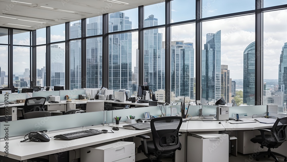 Wall mural 
photo of an office room with a minimalist white theme with lots of windows with views of urban buildings, made by AI generative