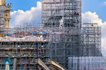 6 May 2023. Paris, France. Scaffolding covers much of Notre Dame Cathedral as Paris prepares for...