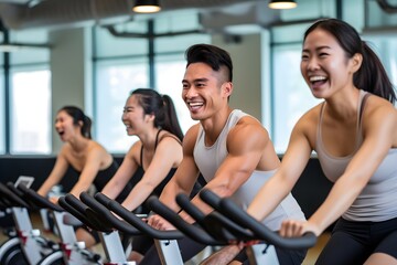 Fototapeta premium Group of sporty people having spinning class at gym. Sport, lifestyle and healthcare concept