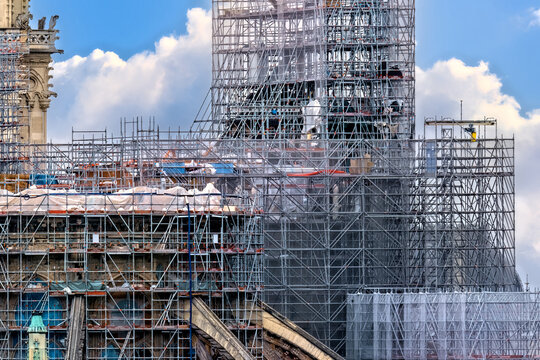 6 May 2023. Paris, France. Scaffolding covers much of Notre Dame Cathedral as Paris prepares for the 2024 Olympics