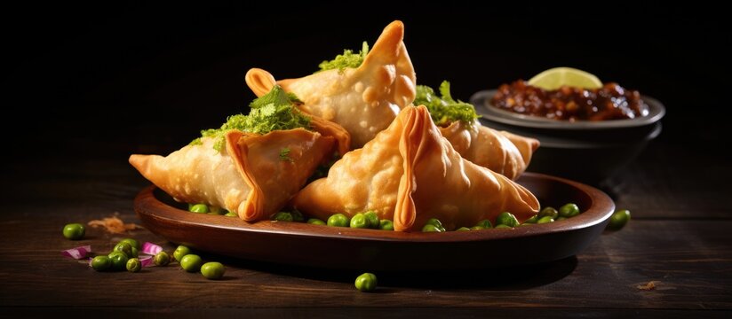 Indian stuffed pastry with potatoes onion peas and spices With copyspace for text
