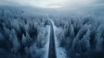 Foto op Canvas winter clear road with sides covered with snow top view in cinematic background © Muhammad