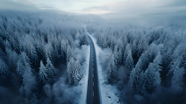 winter clear road with sides covered with snow top view in cinematic background