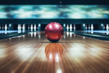 Purple bowling ball on the lane with blurred background of pins. - obrazy, fototapety, plakaty
