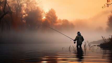 fisherman with a fishing rod catches fish on the river