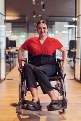A modern young businesswoman in a wheelchair is surrounded by an inclusive workspace with glass-walled offices, embodying determination and innovation in the business world