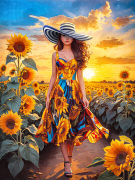 painting . Artistic drawing of A girl in sunflower field. artist canvas art oil painting collection for decoration and interior. 