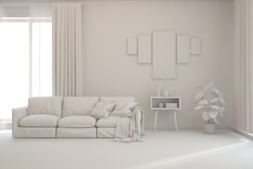 Grey living room concept with sofa. 3D illustration