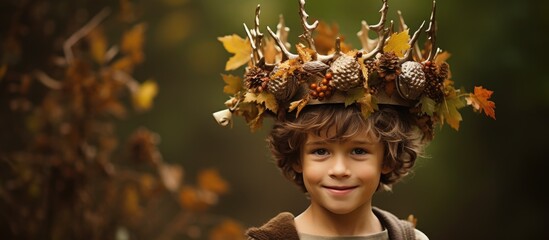 Autumn crafts featuring a boy with a natural crown - obrazy, fototapety, plakaty
