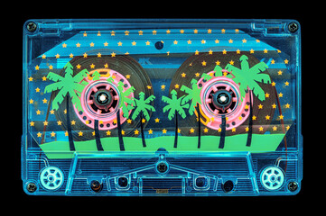 Audio cassette tape in use sound recording in the tape recorder, 90s Nostalgia Mix Tape, inside foil sheet with palms and stars