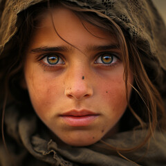 an extreme close up of a child's face, during a war in the middle east.