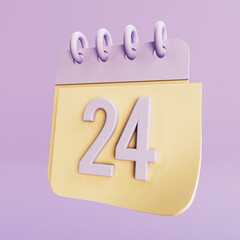 Three-dimensional calendar with 24 dates. Minimal creative design. Day of the month. Calendar icon on purple background. 3D visualization