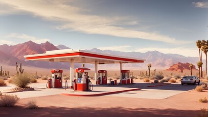 photo of a view of a gas station in the middle of the desert, made by AI generative - obrazy, fototapety, plakaty