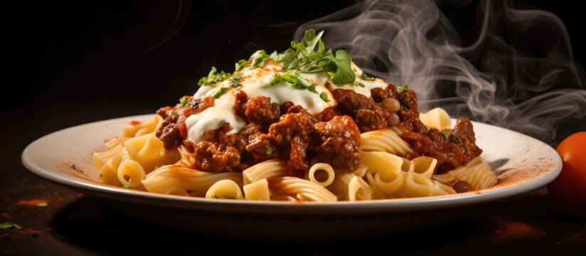 American chopsuey an Italian American pasta dish with beef tomato sauce cheese spices and parsley served on a white plate with a pan in the background With copyspace for text