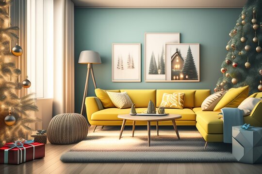 Angular shot of a pastel-toned Christmas living room: light yellow and wood accents, tree with gifts, board game on central carpet, large window, and Pixar-inspired lighting. Holiday coziness defined.