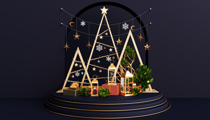 Merry christmas and a happy new year. Realistic rose gold and blue baubles, snowflakes hanging on a dark blue background. Christmas balls motion blur effect. Luxurious background.