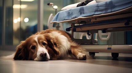 Loyal dog and hospital bed. Emotional and mental support for patient suffering from illness or disease. Dog sorrow and mourning from loss of its owner. Deep bond between humans and pets