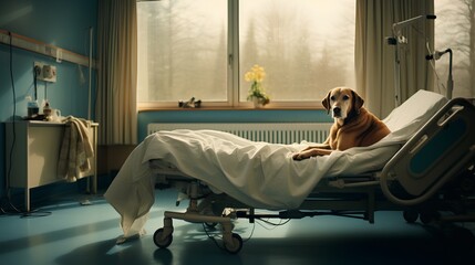 Loyal dog and hospital bed. Emotional and mental support for patient suffering from illness or disease. Dog sorrow and mourning from loss of its owner. Deep bond between humans and pets