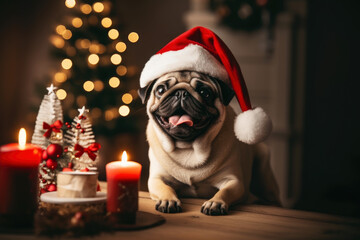 A happy pug wearing a Santa Claus hat sitting next to Christmas decorations