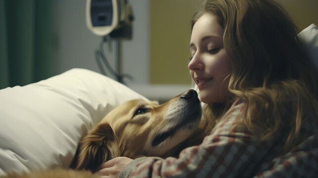 Loyal Dog As Emotional And Mental Support To Hospital Patient. Strong Friendship Offers Support And Psychological Assistance. Therapeutic Benefits Of Animal Companionship In Healthcare Settings.