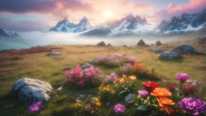 photo of a beautiful view of a green meadow with lots of colorful flowers against a background of snowy mountains, made by AI generative