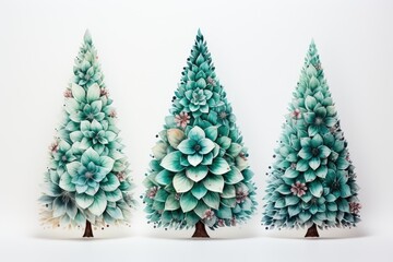 Three watercolor Christmas trees on a white background. New Year card, banner