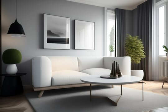 3D rendered modern Scandinavian interior: pristine white walls, wooden table, cozy sofa, and carpet. Created in 3ds Max. A perfect blend of minimalism and comfort.
