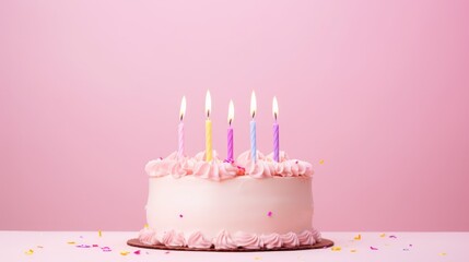 Birthday cake with lighten candle on table background.