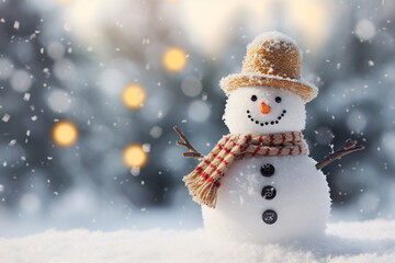 Fototapeta premium Snow man in the winter season with blurred background. Christmas holiday celebration.