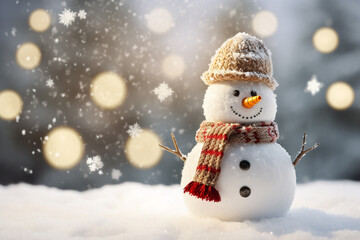 Snow man in the winter season with blurred background. Christmas holiday celebration.