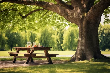 Foto op Canvas Wood table for family picnic under big tree © Golden House Images