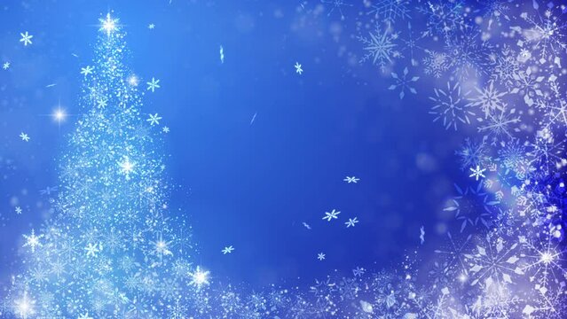 クリスマスツリーと雪の結晶が降るパーティクル、青背景