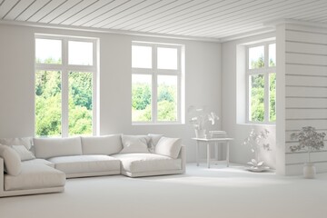 Grey living room concept with sofa and summer landscape in window. Scandinavian interior design. 3D illustration