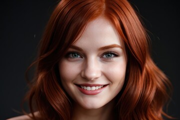 Fototapeta premium Portrait beautiful redhead model woman with white teeth smile, healthy long hair and beauty skin on dark background. Concept of advertising dentist and facial care. Generative AI