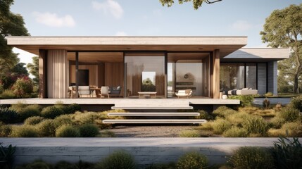 Fototapeta premium Modern ranch style minimalist cube house with terrace and landscaping design front yard. Residential architecture exterior